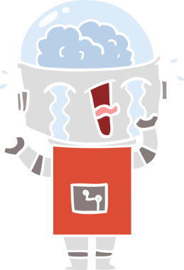 Bir insan tarafından çizilmiş düz renkli karikatür ağlayan robot.