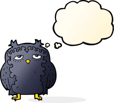 Bir insan tarafından çizilmiş düşünce baloncuklu yaşlı baykuş.