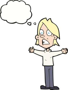 Bir insan tarafından çizilmiş düşünce baloncuğu olan korkmuş bir adam.