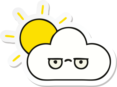 Bir insan tarafından çizilmiş şirin bir karikatür güneş ve bulut çıkartması.