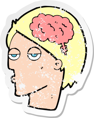 Bir insan tarafından çizilmiş beyin sembolü olan karikatür kafasının gerilimli retro yapıştırması