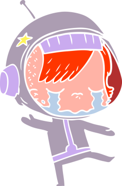 Düz renkli çizgi film ağlayan astronot kız bir insan tarafından çizilmiş.