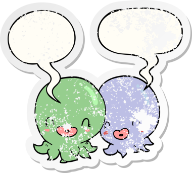 İki çizgi film ahtapotunun konuşma baloncuğu, bir insan tarafından çizilmiş sıkıntılı eski bir çıkartma.