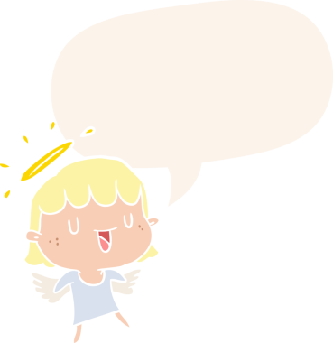 Bir insan tarafından çizilmiş eski moda konuşma baloncuğu olan sevimli bir karikatür melek.