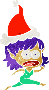 Bir insan tarafından çizilmiş Noel Baba şapkası giyen şok olmuş bir elf kızının el çizimi karikatürü.