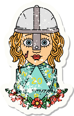 Bir insan dövüşçüsünün grunge sticker 'ı. Bir insan tarafından çizilmiş 20 D20 zarlı.