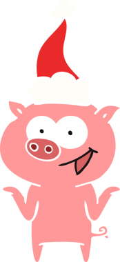 Bir insan tarafından çizilmiş Noel Baba şapkası takan bir domuzun düz renkli çizimi.