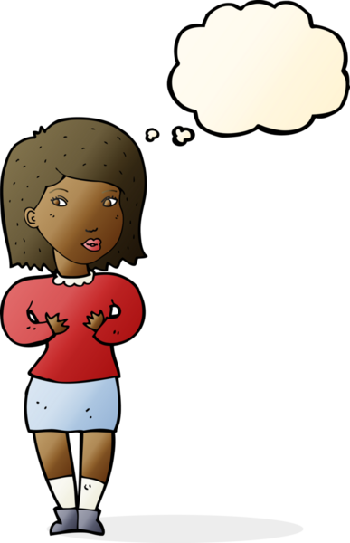 Bir insan tarafından çizilmiş düşünce baloncuğuyla bahaneler üreten çizgi film kadını.