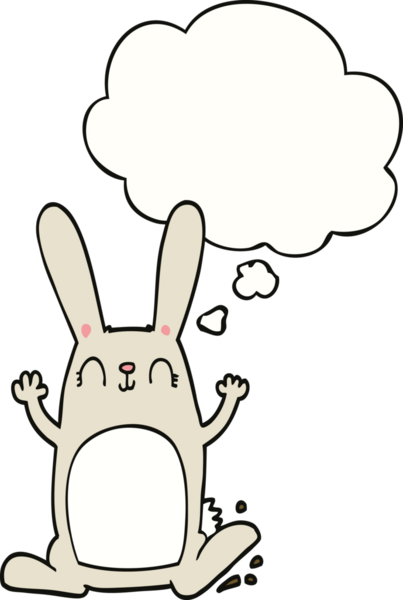 Bir insan tarafından çizilmiş düşünce kabarcığı olan çizgi film tavşanı.