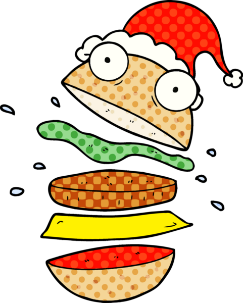 Bir insan tarafından çizilmiş Noel Baba şapkası giymiş harika bir burgerin el çizimi çizgi roman çizimi.