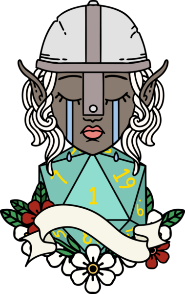 Retro Dövme Tarzı Ağlayan Elf Savaşçısı karakteri yüzü ve bir insan tarafından çizilmiş D20 rulosu.