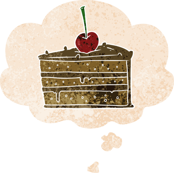 Düşünce baloncuklu karikatür çikolatalı pasta. Bir insan tarafından çizilmiş dertli retro tarzı.