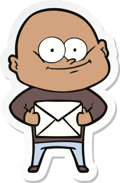 Bir insan tarafından çizilmiş bir mektupla bakan kel bir adamın çıkartması.