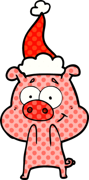 Mutlu el çizimi çizgi roman tarzı Noel Baba şapkası takan bir domuzun insan tarafından çizilmiş resmi.