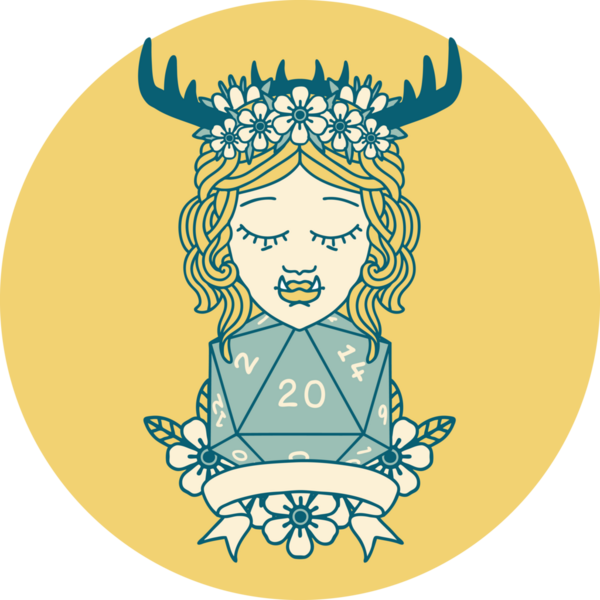 Retro Dövme Biçimli Ork karakteri bir insan tarafından çizilmiş 20 zar ile