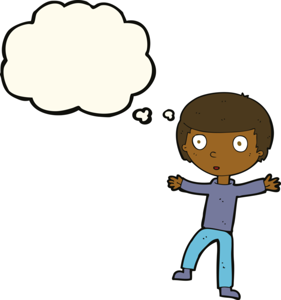 Bir insan tarafından çizilmiş düşünce baloncuğu ile ürkmüş bir çocuk.