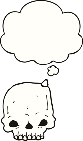 Bir insan tarafından çizilmiş düşünce baloncuklu garip kafatası.