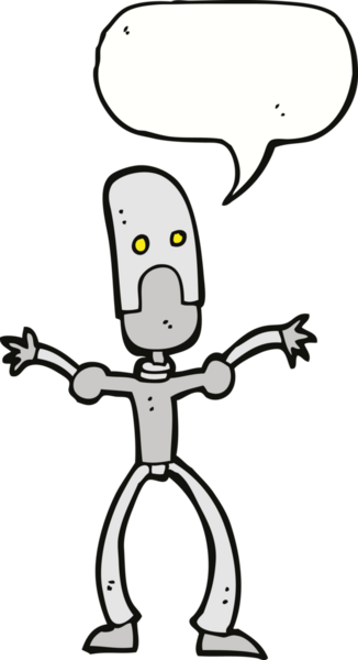 Bir insan tarafından çizilmiş konuşma balonlu komik robot.