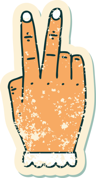 Bir insan tarafından çizilmiş iki parmağını kaldıran bir elin grunge çıkartması.
