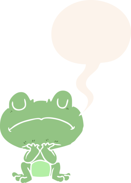 Karikatür kurbağası sabırla bir insan tarafından çizilmiş retro tarzı konuşma baloncuğuyla bekliyor.