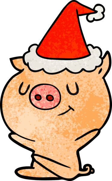 Mutlu el çizimi bir insan tarafından çizilmiş Noel Baba şapkası takan bir domuzun çizgi filmi.