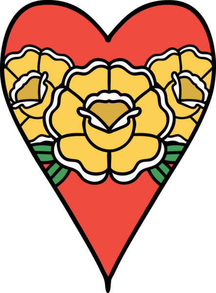 Geleneksel kalp şeklinde dövme ve bir insan tarafından çizilmiş çiçekler.