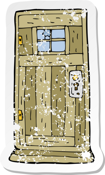 Bir insan tarafından çizilmiş eski ahşap kapılı karikatür çıkartması.