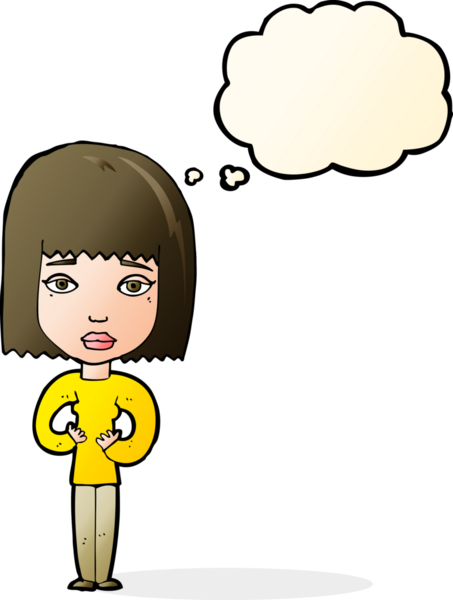 Bir insan tarafından çizilmiş düşünce baloncuğuyla kendini gösteren karikatür kadın.