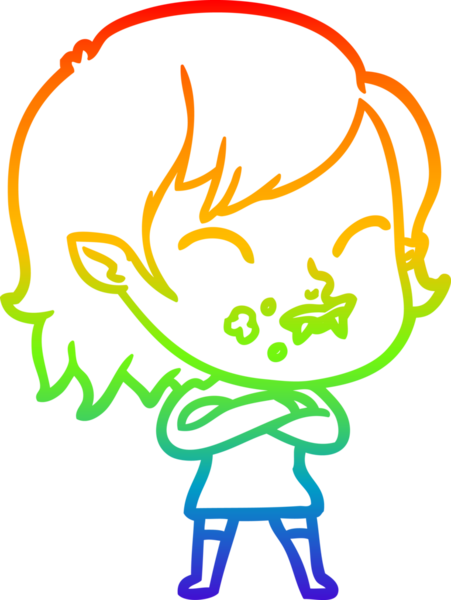 Gökkuşağı gradyan çizgisi. Bir insan tarafından çizilmiş yanağında kan olan vampir bir kız çizgi filmi.