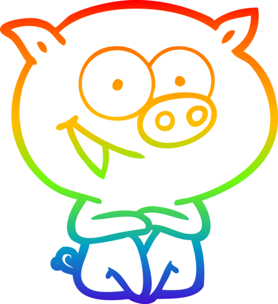 Gökkuşağı gradyan çizimi neşeli oturan domuz çizgi filmi bir insan tarafından çizildi