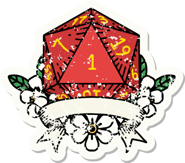 Bir insan tarafından çizilmiş doğal bir d20 zarının grunge çıkartması.