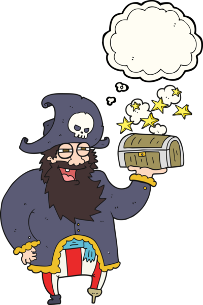 Bir insan tarafından çizilmiş hazine sandığı olan serbest çizim balon karikatür korsan kaptanı.