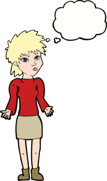 Bir insan tarafından çizilmiş düşünce baloncuğuyla omuz silken çizgi film kadını.