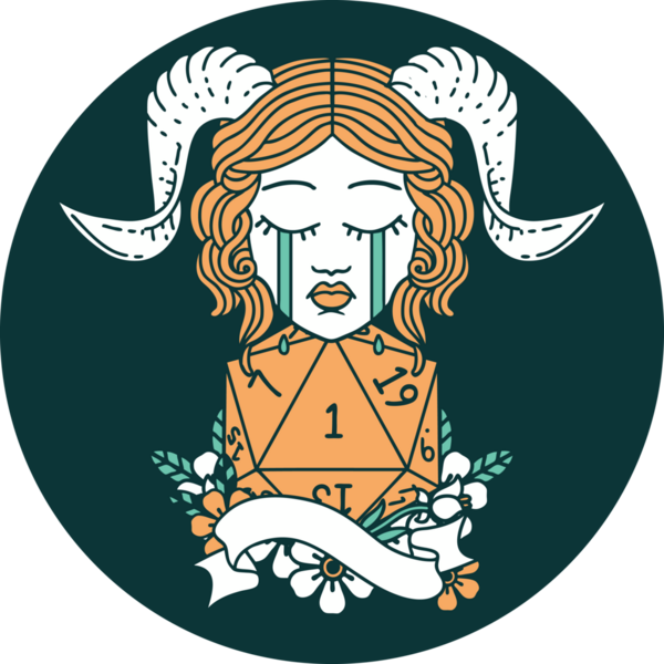 Ağlama ikonu, bir insan tarafından çizilmiş doğal bir D20 rulosuyla bağlanıyor.