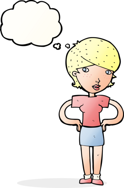 Bir insan tarafından çizilmiş düşünce baloncuğu olan elleri kalçasında çizgi film kadını.