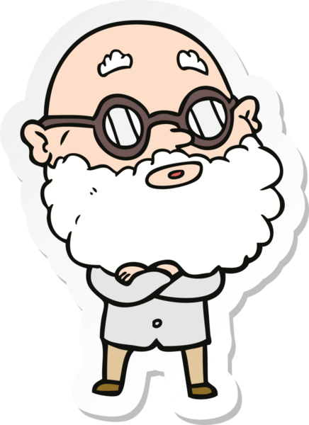 Bir insan tarafından çizilmiş sakallı ve gözlüklü meraklı bir adamın çıkartması.