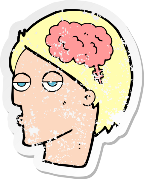 Bir insan tarafından çizilmiş beyin sembolü olan karikatür kafasının gerilimli retro yapıştırması