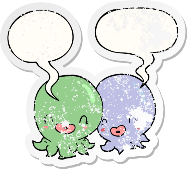 İki çizgi film ahtapotunun konuşma baloncuğu, bir insan tarafından çizilmiş sıkıntılı eski bir çıkartma.