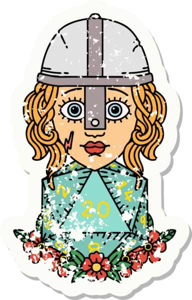 Bir insan dövüşçüsünün grunge sticker 'ı. Bir insan tarafından çizilmiş 20 D20 zarlı.