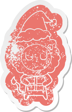 Garip bir karikatür, Noel hediyesi olan bir aslanın insan tarafından çizilmiş Noel Baba şapkasıyla kederli çıkartması.
