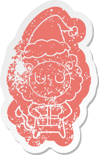 Garip bir karikatür, Noel hediyesi olan bir aslanın insan tarafından çizilmiş Noel Baba şapkasıyla kederli çıkartması.