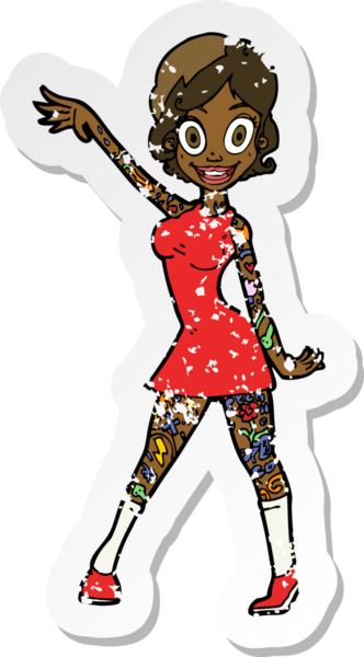 Bir insan tarafından çizilmiş dövmeleri olan bir karikatür kadının gerilimli retro yapıştırması.