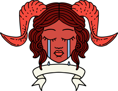 Retro Dövme Biçimi, bir insan tarafından çizilmiş kaydırma pankartıyla ağlayan karakter yüzü