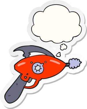 Düşünce baloncuklu çizgi film ışın tabancası insan tarafından çizilmiş bir çıkartma.