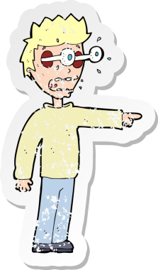 Bir insan tarafından çizilmiş gözleri olan karikatürcü bir adamın gerilemiş retro yapıştırması.