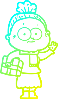 Bir insan tarafından çizilmiş, mutlu, yaşlı bir kadının çizimi.