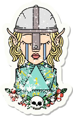 Hüzünlü bir elf savaşçısı karakterinin grunge çıkartması. Bir insan tarafından çizilmiş bir d20 rulo.