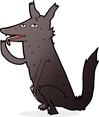 Bir insan tarafından çizilmiş pençeleri yalayan kurt çizgi filmi.