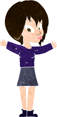 Bir insan tarafından çizilmiş açık kollu çizgi film kadını.