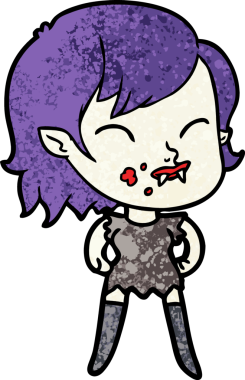 Bir insan tarafından çizilmiş yanağında kan olan vampir kız çizgi filmi.